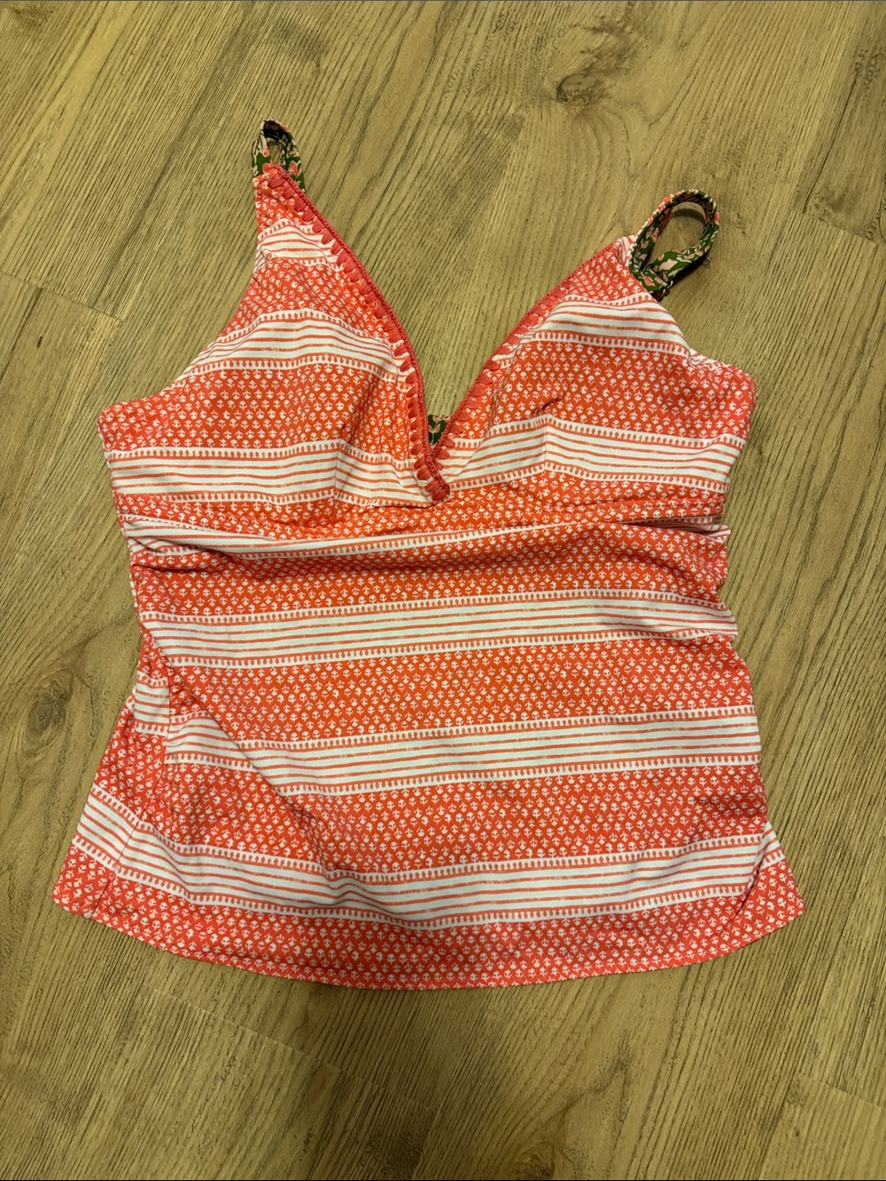 Cabana Life REVERSIBLE Coral, Sage and White Striped/Floral V-Neck Tankini Top L - Picture 4 of 5